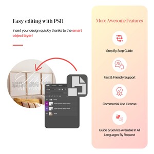May include: A mockup of a framed print with a wavy design. The image shows how to easily edit the design using a smart object layer in Photoshop. The image also highlights additional features such as step-by-step instructions, customer support, a commercial use license, and multilingual support.