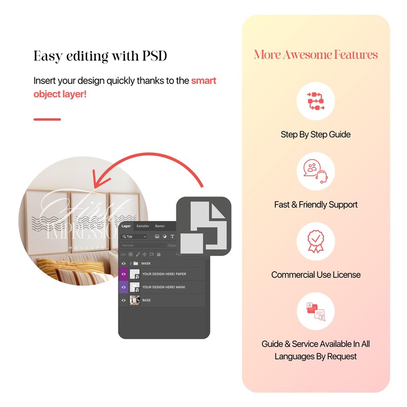 May include: A mockup of a framed print with a wavy design. The image shows how to easily edit the design using a smart object layer in Photoshop. The image also highlights additional features such as step-by-step instructions, customer support, a commercial use license, and multilingual support.