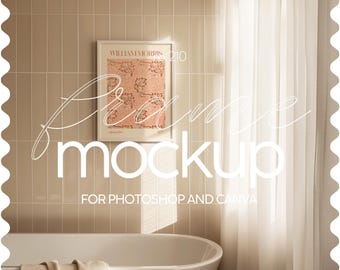 Puede incluir: Una impresión enmarcada con el texto "WILLIAM MORRIS 210" y un diseño floral cuelga sobre una bañera blanca. Las palabras "Frame Mockup" se superponen a la imagen, con el texto "FOR PHOTOSHOP AND CANVA" debajo.