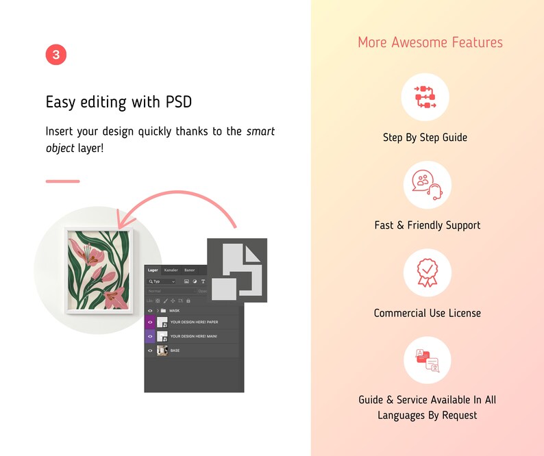 May include: A graphic design template for a floral print with a pink and green color scheme. The template is easy to edit with a smart object layer in Photoshop. The image shows a layered PSD file with the text "YOUR DESIGN HERE PAPER" and "YOUR DESIGN HERE MAIN".