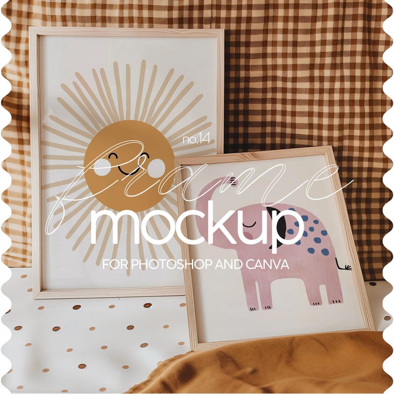 May include: Two wooden picture frames with a white background and illustrations. The frame on the left has a yellow sun with a smiling face and the text "no. 14". The frame on the right has a pink elephant with blue spots. The text "frame mockup for photoshop and canva" is superimposed over the image.