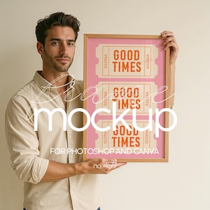 Frame mockup with man holding frame, 2x3 ratio frame template for artwork display, Wood frame mockup with person, Man holding a frame mockup