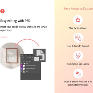 Puede incluir: Una maqueta de una impresi&oacute;n enmarcada con un dise&ntilde;o de l&iacute;nea ondulada. La imagen muestra un archivo de Photoshop con capas etiquetadas como "YOUR DESIGN HERE PAPER" y "YOUR DESIGN HERE MAIN". Esto indica que el dise&ntilde;o se puede editar f&aacute;cilmente con una capa de objeto inteligente.