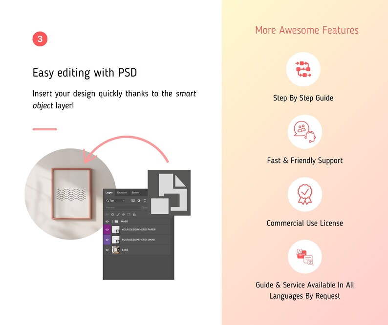 Puede incluir: Una maqueta de una impresi&oacute;n enmarcada con un dise&ntilde;o de l&iacute;nea ondulada. La imagen muestra un archivo de Photoshop con capas etiquetadas como "YOUR DESIGN HERE PAPER" y "YOUR DESIGN HERE MAIN". Esto indica que el dise&ntilde;o se puede editar f&aacute;cilmente con una capa de objeto inteligente.