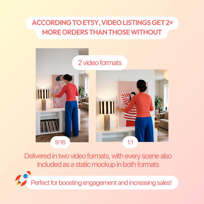 May include: An image promoting Etsy video listings. The image shows two video formats, 9:16 and 1:1, with a person adjusting artwork. Text states that video listings get more orders. The image includes a rocket graphic and text about boosting engagement.