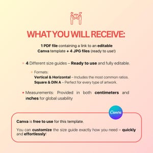 May include: A graphic with text that reads "WHAT YOU WILL RECEIVE:" and details about a Canva template, including 4 JPG files, size guides, and measurements in both centimeters and inches. The Canva logo is also present.