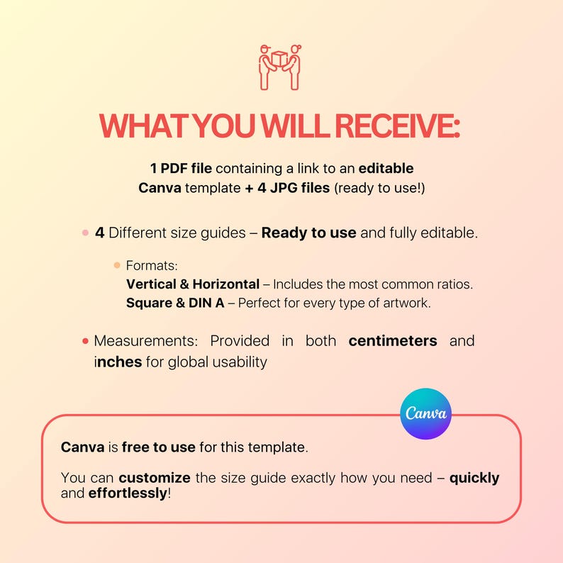 May include: A graphic with text that reads "WHAT YOU WILL RECEIVE:" and details about a Canva template, including 4 JPG files, size guides, and measurements in both centimeters and inches. The Canva logo is also present.
