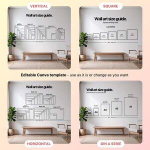 May include: A wall art size guide with various print ratios and sizes, including vertical, square, horizontal, and DIN A series formats. The guide is displayed on a white wall with a bench, chairs, and plants.