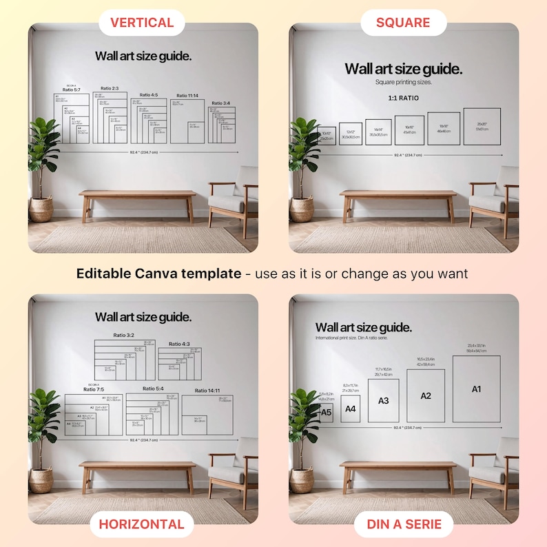 Wall Art Size Guide: Editable Canva Template (+4 Ready to Download Jpgs ...