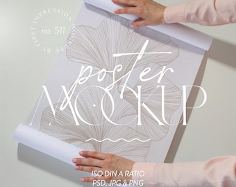 Rolled Poster Mockup With Person - Realistic Poster Template - Din A Ratio,  A4 A3 ISO Format (PSD, PNG, JPeG)