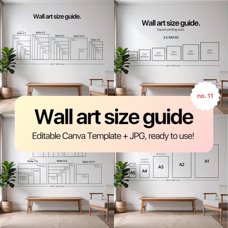 frame size guide fully editable in canva, wall art size guide, poster size chart, art print size guide