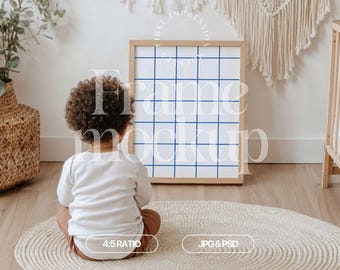 Nursery Frame Mockup With Baby, Frame Mockup For Nursery, Kids Room Mockup With Frame, Boho Nursery Mockup Frame Template, Baby Frame Mockup