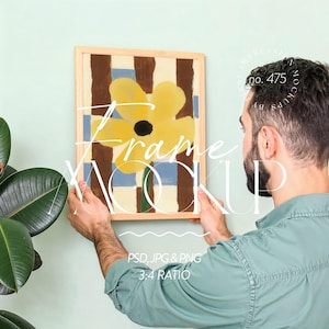 Man Hanging Frame Mockup PSD & PNG 3x4 Ratio, Small Wood Frame Mockup, Photo Frame Mockup With Person, Person With Frame Mockup Template