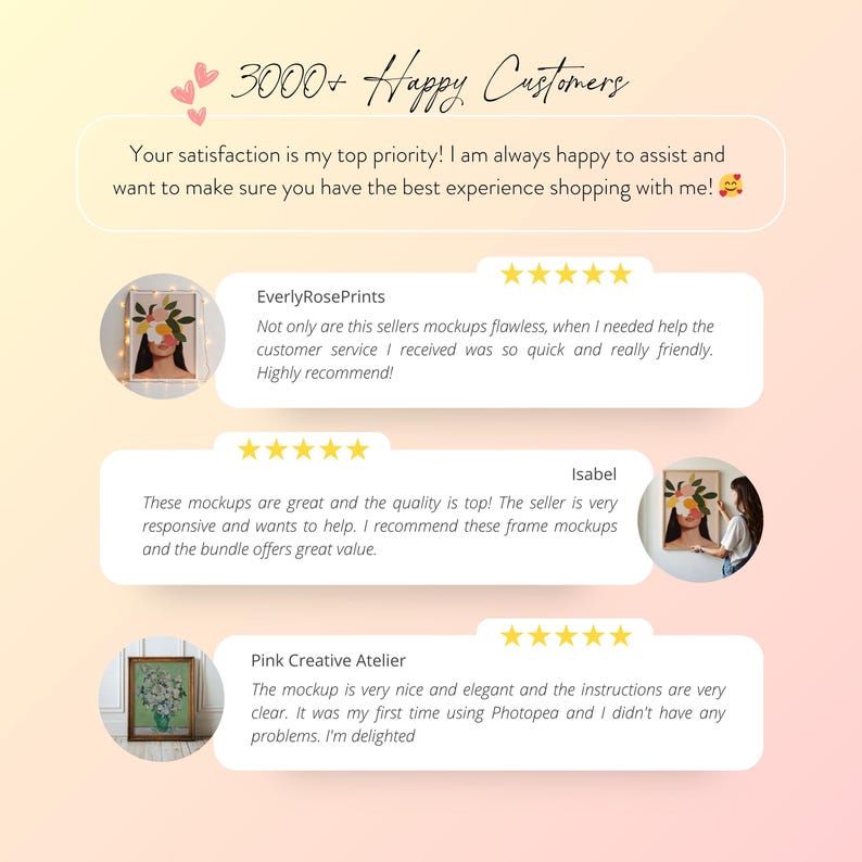 May include: A graphic showcasing customer testimonials with a pink and white gradient background. The text reads "3000+ Happy Customers" and includes positive reviews about product mockups, highlighting customer satisfaction and service.