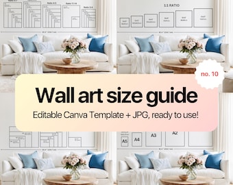 May include: A wall art size guide with various aspect ratios and square printing sizes is displayed. The guide includes dimensions in inches and centimeters, with the text "Wall art size guide" and "Editable Canva Template + JPG, ready to use!"