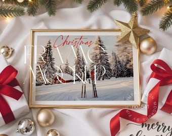Christmas Horizontal Gold Frame PSD Mockup with Smart Object, Festive DIN A Format Wall Art Template for Holiday Print Display