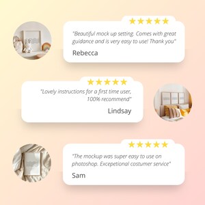 May include: Three customer reviews with five-star ratings for a digital mockup product. The reviews highlight the ease of use, helpful instructions, and exceptional customer service.