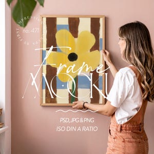 Woman holding frame mockup with din a ratio, Person with frame mockup PSD & PNG, Wall art display frame template,Wall art mockup with person