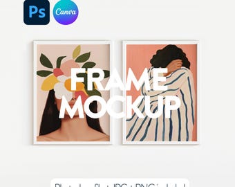 May include: Two white picture frames with a white background. The frames are hanging on a wall. The left frame contains a colorful abstract illustration of a woman with flowers covering her face. The right frame contains a colorful illustration of a woman with her arms wrapped around herself. The text "FRAME MOCKUP" is superimposed over the frames.