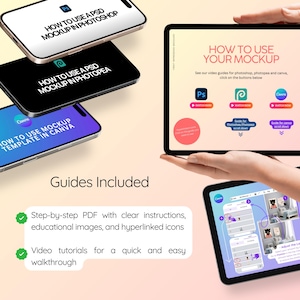 May include: A mockup template for use in Photoshop, Photopea, and Canva. The image shows three phone screens with the text "How to use a PSD mockup in Photoshop", "How to use a PSD mockup in Photopea", and "How to use mockup template in Canva". The image also shows a tablet screen with the text "How to use your mockup" and buttons to watch videos for each program.