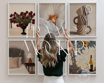 6 Frame Gallery Wall Mockup With Person: White Frames, Canva & Photoshop