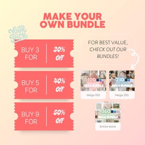 May include: Pink and white graphic with the text "Make Your Own Bundle".  Three pink tickets with the text "Buy 3 for 30% off", "Buy 5 for 40% off", and "Buy 9 for 50% off".  Three blue and white squares with the text "100 Frame Mockups Mega Bundle", "230 Frame Mockups Mega Bundle", and "360 Frame Mockups Mega Bundle".