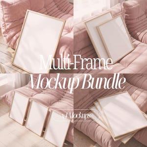 May include: A mockup bundle featuring four frames with light wood borders and white interiors. The frames are arranged on a pink, tufted surface. The text "Multi-Frame Mockup Bundle" and "x4 Mockups" are visible.