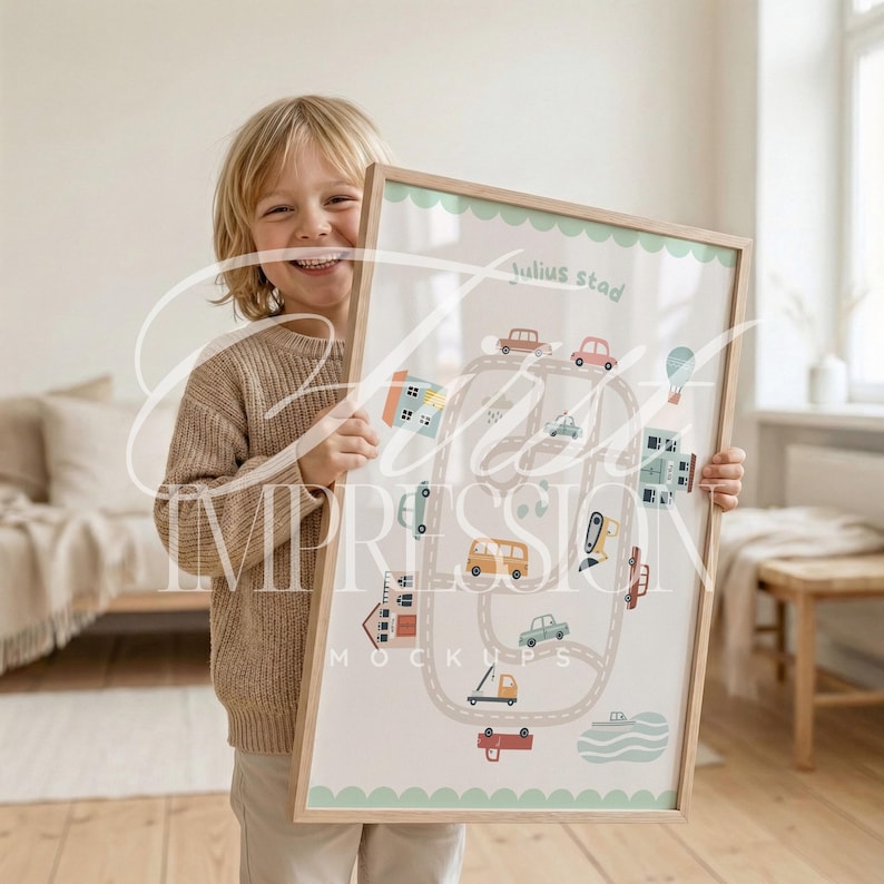 Kleinkind Kinderzimmer Mockup: Junge hält großen A1 A2 Bilderrahmen, Skandinavische Kinder Wand Kunst PSD Vorlage Bild 4