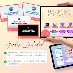 May include: A digital mockup guide displayed on a tablet and smaller screens. The guide includes instructions for Photoshop, Photopea, and Canva. The text reads "How to Use Your Mockup" and "Guides Included".