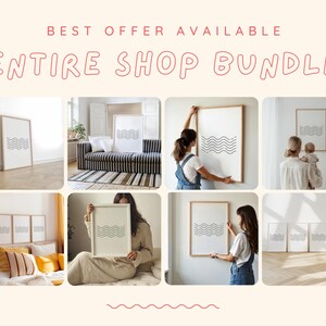 Op de afbeelding: Een set van zes minimalistische zwart-witte lijntekeningen met een golvend patroon. De prints zijn ingelijst in eenvoudige houten lijsten en worden in verschillende omgevingen getoond, waaronder een woonkamer, slaapkamer en kantoor.