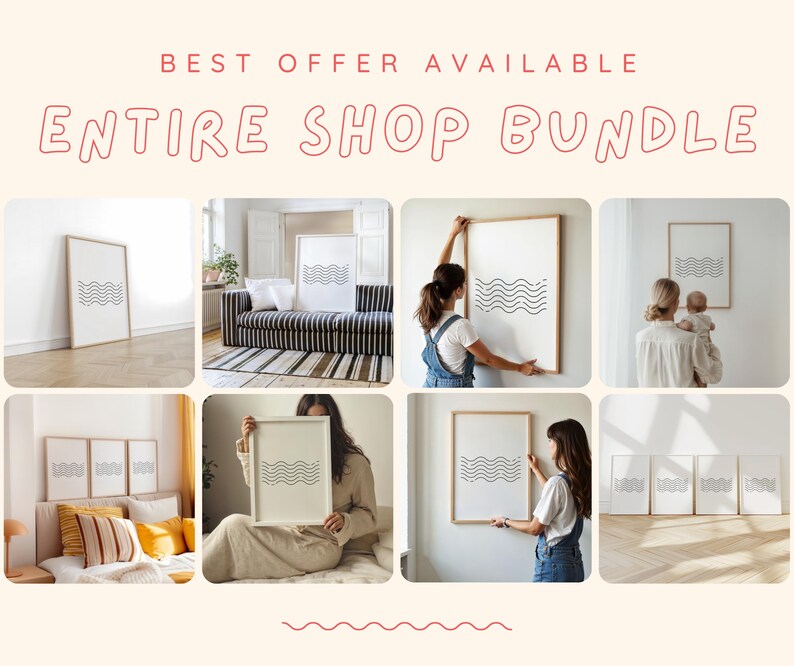 Op de afbeelding: Een set van zes minimalistische zwart-witte lijntekeningen met een golvend patroon. De prints zijn ingelijst in eenvoudige houten lijsten en worden in verschillende omgevingen getoond, waaronder een woonkamer, slaapkamer en kantoor.