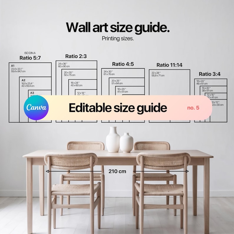 K&ouml;nnte beinhalten: Eine wei&szlig;e Wand mit einer schwarz-wei&szlig;en Grafik, die verschiedene Verh&auml;ltnisse f&uuml;r Wandbildergr&ouml;&szlig;en zeigt. Die Grafik enth&auml;lt den Text "Wandbildgr&ouml;&szlig;en-Leitfaden", "Druckgr&ouml;&szlig;en", "Bearbeitbarer Gr&ouml;&szlig;enleitfaden" und "Nr. 5". Im Vordergrund steht ein Holztisch mit vier St&uuml;hlen. Der Tisch ist 210 cm lang.