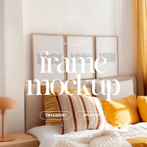 May include: A bedroom interior mockup featuring three framed prints with a wavy line design. The frames are on a white wall above a bed with white bedding, yellow and brown striped pillows, and a yellow throw blanket. The text "frame mockup" is superimposed on the image.
