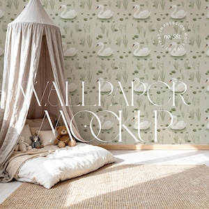 May include: A mockup of a child's bedroom with a beige canopy bed, a woven rug, and a wallpaper featuring white swans on a light green background. The text "WALLPAPER MOCKUP" is overlaid on the image.