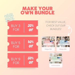 May include: Promotional graphic with text "MAKE YOUR OWN BUNDLE." Offers include discounts for buying multiple items: Buy 3 for 30% off, Buy 5 for 40% off, and Buy 9 for 50% off. Includes product bundle examples.