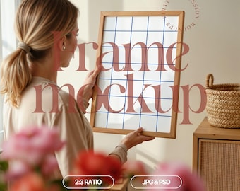 frame mockup with person, 2x3 ratio frame mockup for wall art display, person with frame mock up template, wall art template, psd & jpg