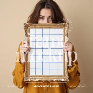 Vintage Frame Mockup With Person, PSD Frame Mockup For Wall Art, Person With Frame Mockup, Golden Frame Mockup Template,Artwork Mockup Frame
