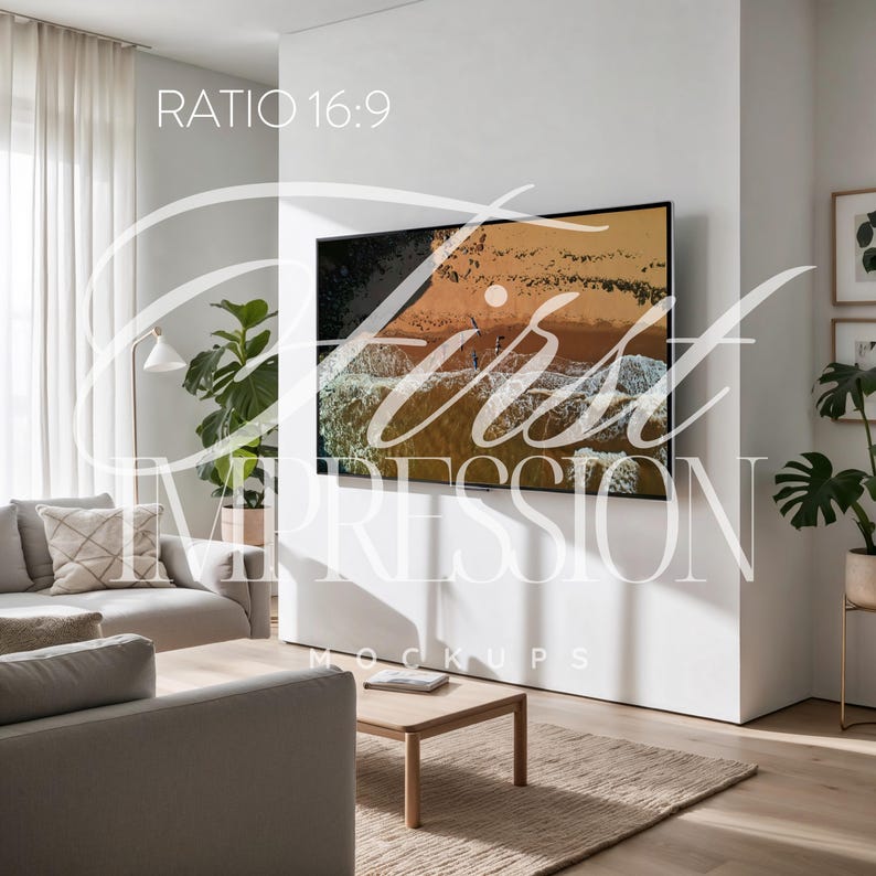 Puede incluir: Un interior de sala de estar con un televisor de pantalla plana grande montado en una pared blanca. El televisor muestra una imagen panor&aacute;mica de una playa con olas rompiendo en la orilla. La habitaci&oacute;n est&aacute; amueblada con un sof&aacute; gris, una mesa de caf&eacute; y una planta en maceta. El texto "RATIO 16:9" es visible en la pared sobre el televisor.