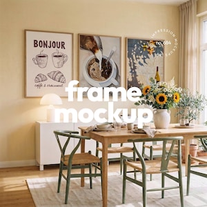 May include: A dining room scene featuring a wooden table set with dishes and a vase of sunflowers. Three framed art pieces hang on the wall, one with the word "BONJOUR" and coffee and croissant illustrations. Green chairs surround the table.