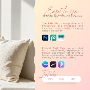 May include: Image with text that reads "Easy to use in both Photoshop & Canva." The image includes logos for Photoshop, Photopea, and Canva, along with file type indicators: PSD, PNG, and JPG. The background is a soft gradient of pink and yellow.