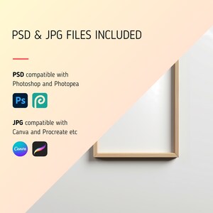 May include: A mockup of a framed image with the text "PSD & JPG FILES INCLUDED" and information about the file types being compatible with various design programs. The text includes the logos for Photoshop, Photopea, Canva, and Procreate.