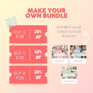 May include: Promotional graphic with text "Make Your Own Bundle." Offers include discounts: Buy 3 for 30% off, Buy 5 for 40% off, and Buy 9 for 50% off. Includes images of product bundles.