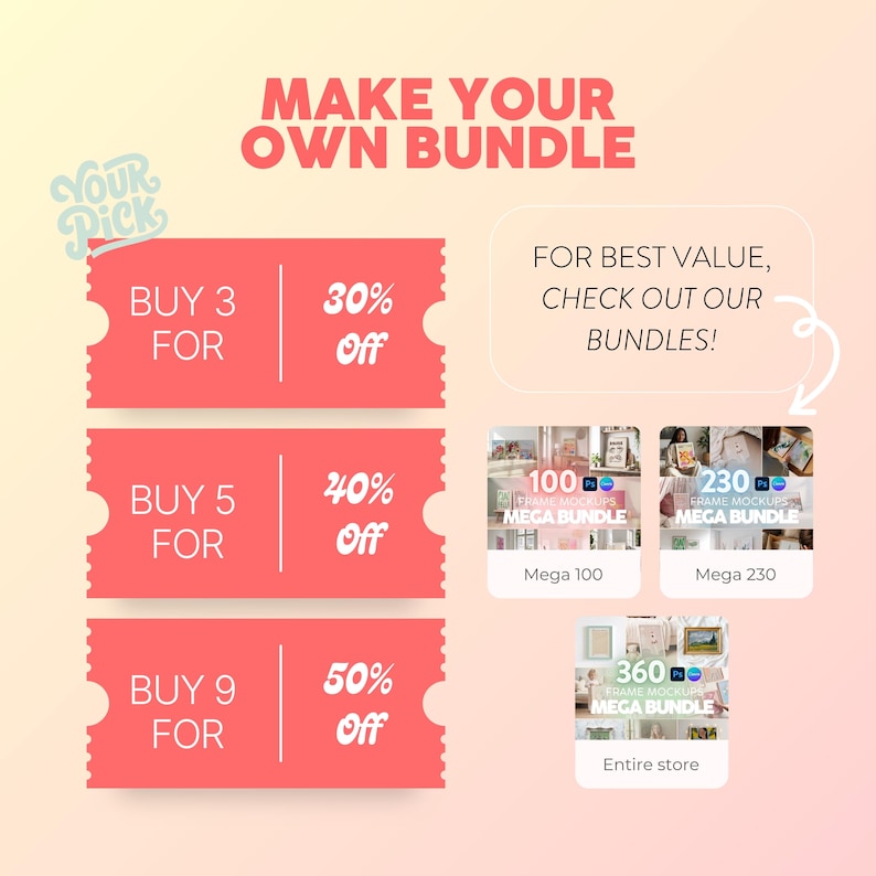 May include: Promotional graphic with text "Make Your Own Bundle." Offers include discounts: Buy 3 for 30% off, Buy 5 for 40% off, and Buy 9 for 50% off. Includes images of product bundles.