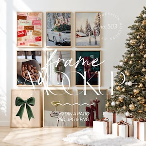 May include: A collection of framed art prints with a Christmas theme. The prints feature images of Santa letters, a car carrying gifts in the snow, a winter landscape, almonds, a green bow, a cocktail, and wrapped gifts. A decorated Christmas tree and wrapped gifts are in the foreground.