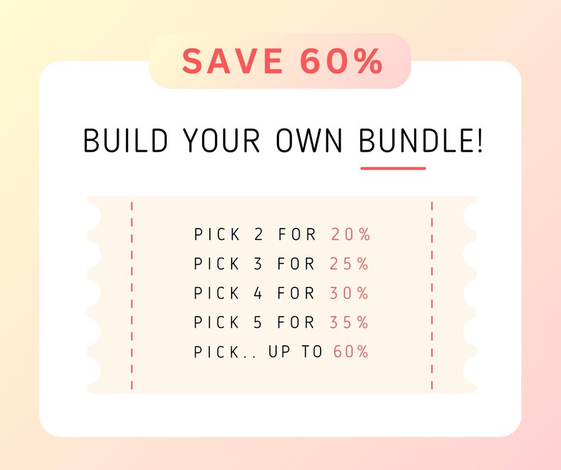 Op de afbeelding: Een witte en roze coupon met de tekst "SAVE 60% BUILD YOUR OWN BUNDLE!" en een lijst met kortingen voor het kopen van meerdere items: "PICK 2 FOR 20%, PICK 3 FOR 25%, PICK 4 FOR 30%, PICK 5 FOR 35%, PICK... UP TO 60%".