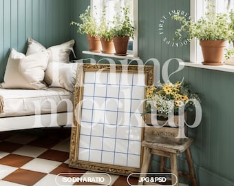 Farmhouse Interior Frame Mockup, Frame Mockup In Farmhouse Interior, Gold Frame Mockup For Wall Art, Vintage Frame Mockup, Wall Art Template