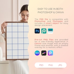 May include: A white framed grid mockup with a wood frame. The image is being held by a person. The text "EASY TO USE IN BOTH PHOTOSHOP & CANVA" is at the top of the image. The text "The PSD file is compatible with Photoshop and Photopea and includes a smart object for easy design placement" is below the image. The text "Pre-cut PNG files are provided for a user-friendly experience in Canva-one image with an empty frame and another with a shadow overlay for a realistic effect" is below the text. The text "PSD PNG JPG" is at the bottom of the image.