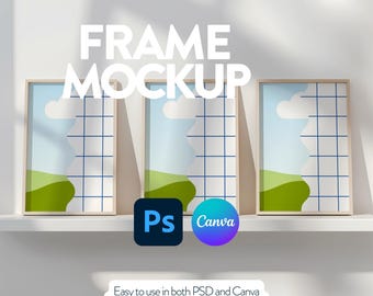 May include: Three framed art prints with a landscape design, displayed on a white shelf. The frames have a light wood finish. The image includes the text "FRAME MOCKUP", and the logos for Photoshop and Canva. The text at the bottom reads "Easy to use in both PSD and Canva with a simple drag-and-drop function."