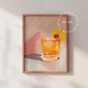 Puede incluir: Una ilustraci&oacute;n enmarcada de un c&oacute;ctel con una cereza y una rodaja de lim&oacute;n. La bebida est&aacute; en un vaso de rocas y el fondo es un degradado rosa y blanco. El texto "Ratio Din A Ratio Din No. 215" est&aacute; en un c&iacute;rculo alrededor de la imagen.