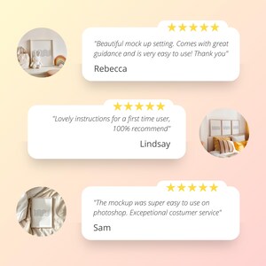 Op de afbeelding: Drie klantbeoordelingen met vijf sterren voor een digitaal mockup-product. De beoordelingen benadrukken het gebruiksgemak, de nuttige instructies en de uitstekende klantenservice.